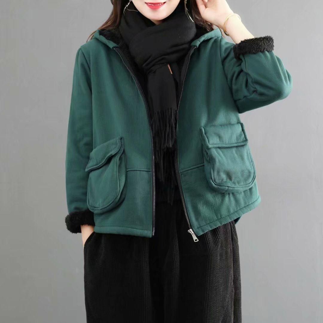 棉麻加绒短款棉衣外套女冬季新款文艺复古大口袋宽松休闲连帽棉袄