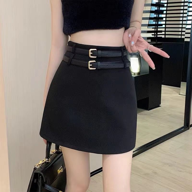 双腰带黑色短裙女2025夏季新款设计感小众高腰显瘦包臀a字半身裙