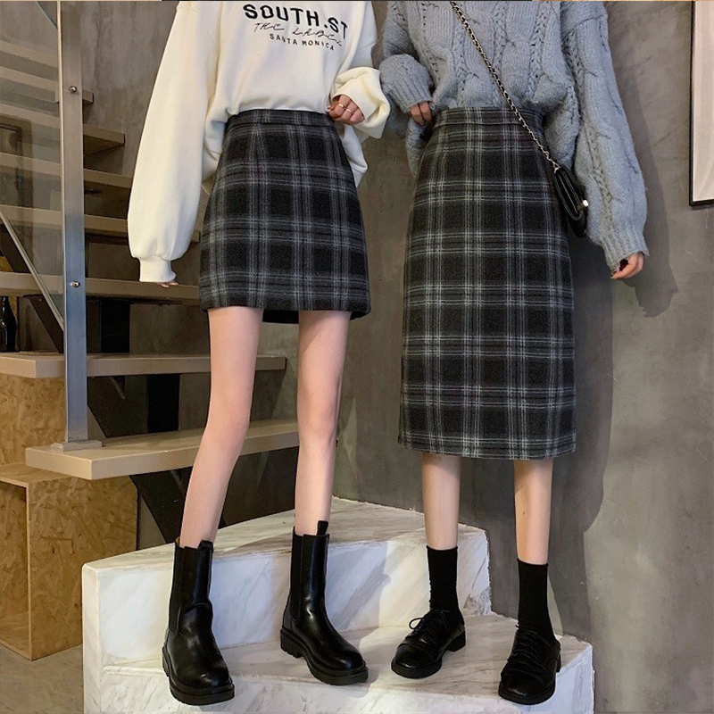 加厚格子毛呢半身裙女秋冬2025年新款高腰显瘦a字短裙中长款裙子