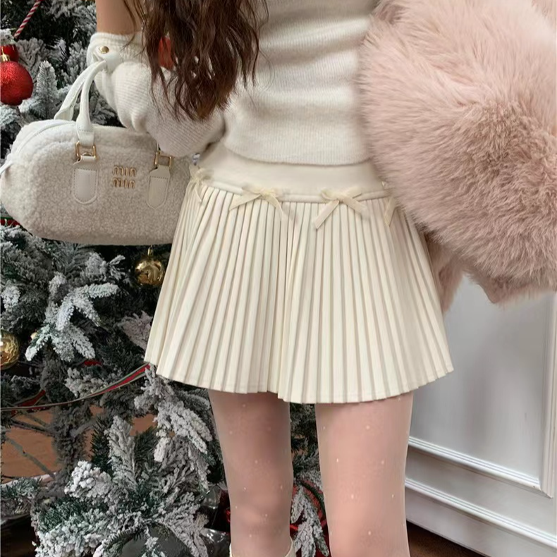 蝴蝶结细褶毛呢半身裙女2024冬季新款小个子甜美百褶裙呢子短裙子
