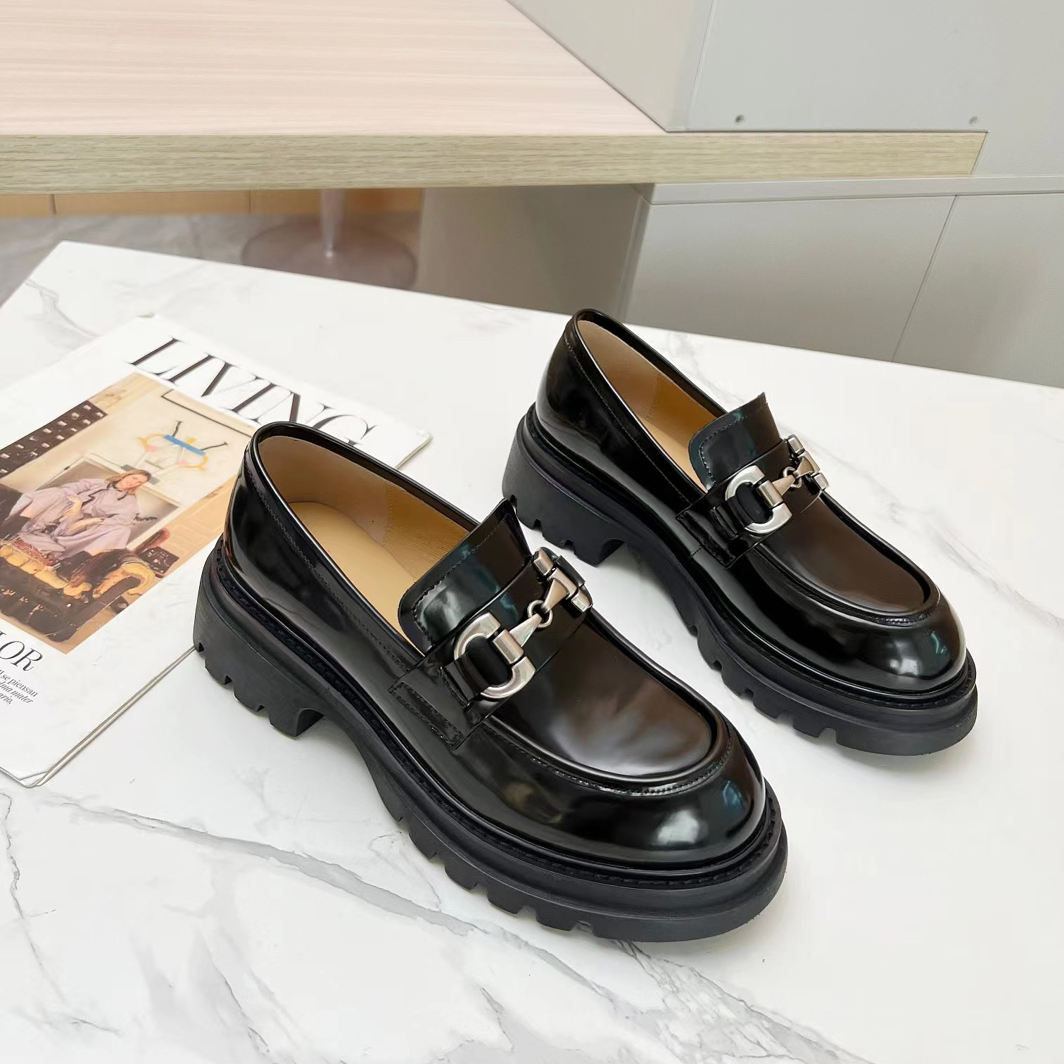 LOVECHARM新款厚底乐福鞋百搭复古真皮圆头乐福鞋