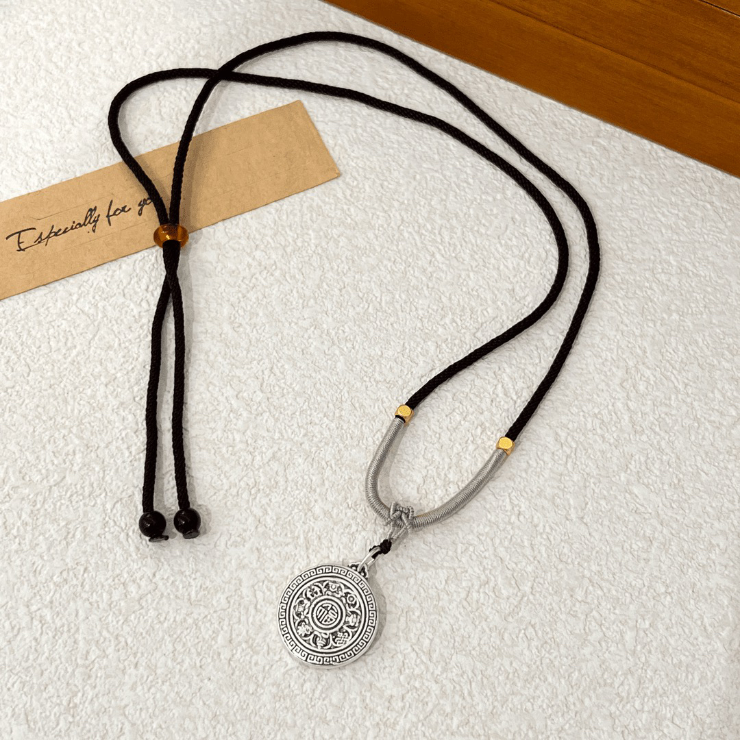 吊坠足银 复古简约时尚民族风八宝罗盘手工编织抽拉项链70cm