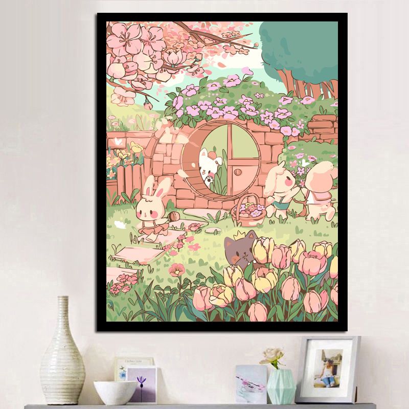 数字油画diy填色动漫卡通兔子花园郁金香花卉手工涂色唯美挂画