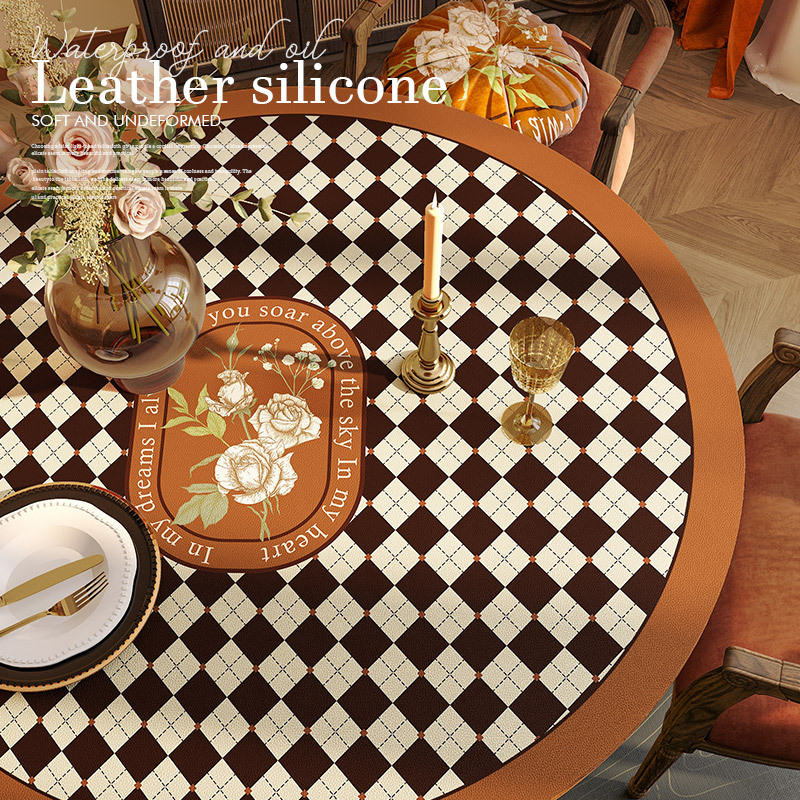 美式棋盘格圆桌桌布轻奢复古皮革圆形桌垫防水防油免洗防烫餐桌垫