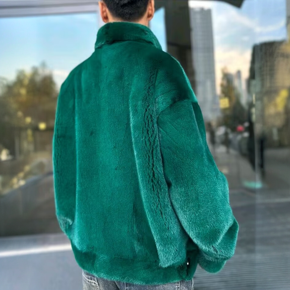 【森源】进口丹麦母貂祖母绿牛仔夹克外套时尚轻奢休闲男装潮牌百搭