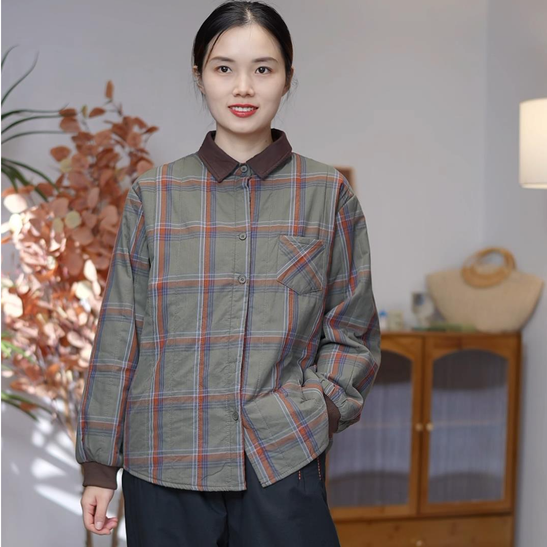 25秋冬新款格子夹棉衬衣长袖百搭休闲时尚文艺复古女保暖外套7077