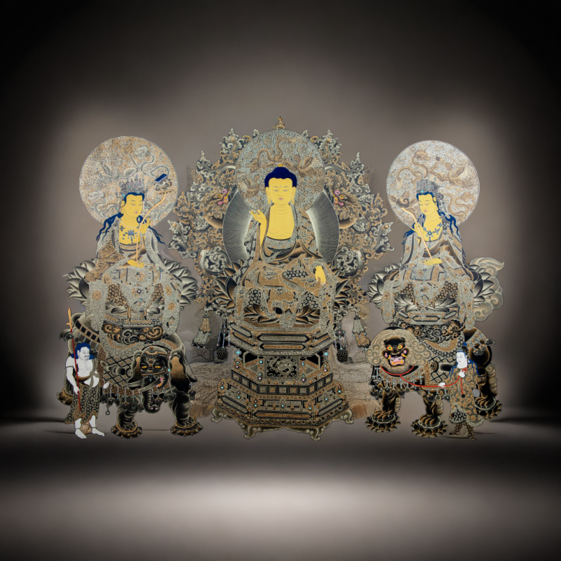 热贡精品黑金唐卡华严三圣