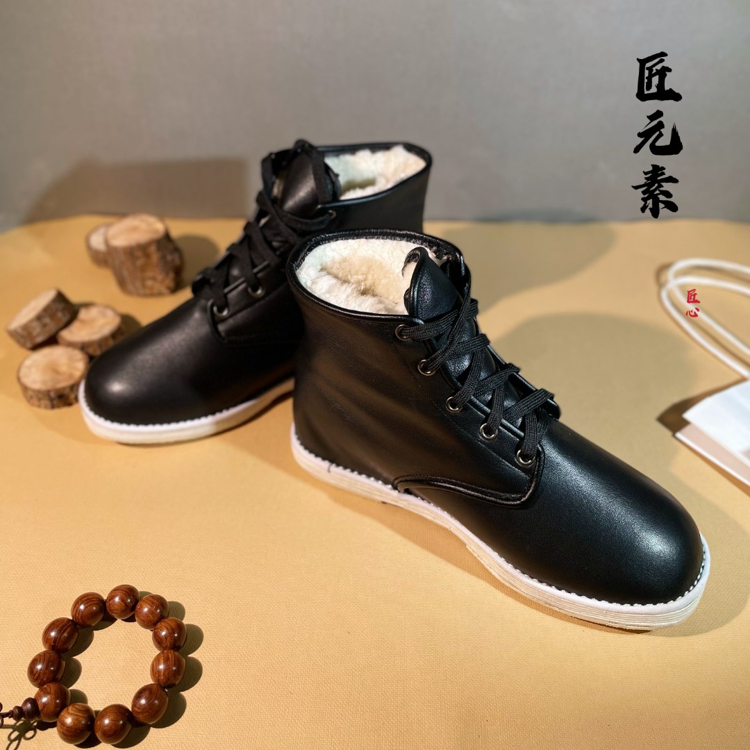 （皮毛一体）皮面千层底高帮老北京布鞋加厚冬季男士时尚棉鞋