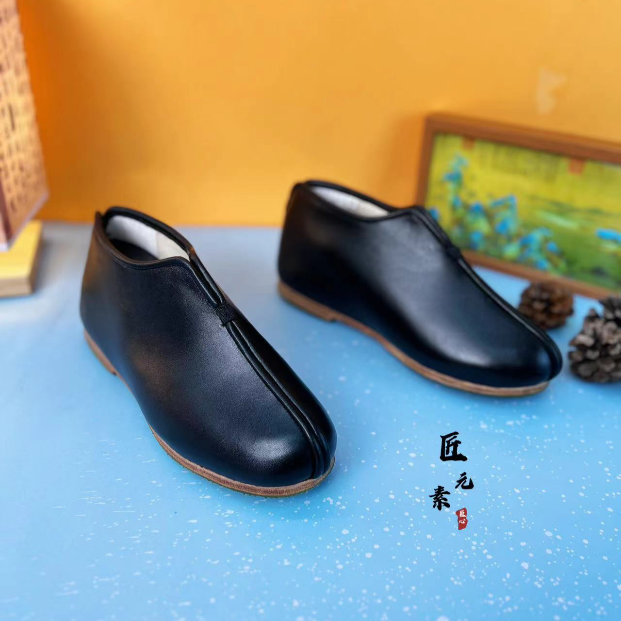 匠元素（手工棉鞋）皮底皮面一脚蹬软底老北京布鞋男士加绒舒适棉鞋