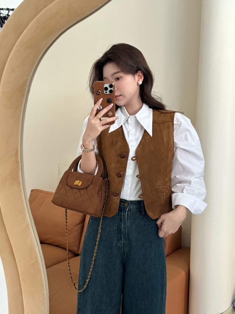 【伯克利】麂皮绒复古叠穿马甲背心女V领百搭休闲短款马夹外套