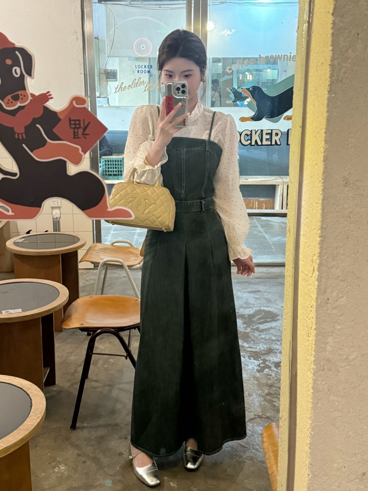 【青野浮萍】复古深蓝色牛仔吊带连衣裙高腰显瘦气质a字中长裙