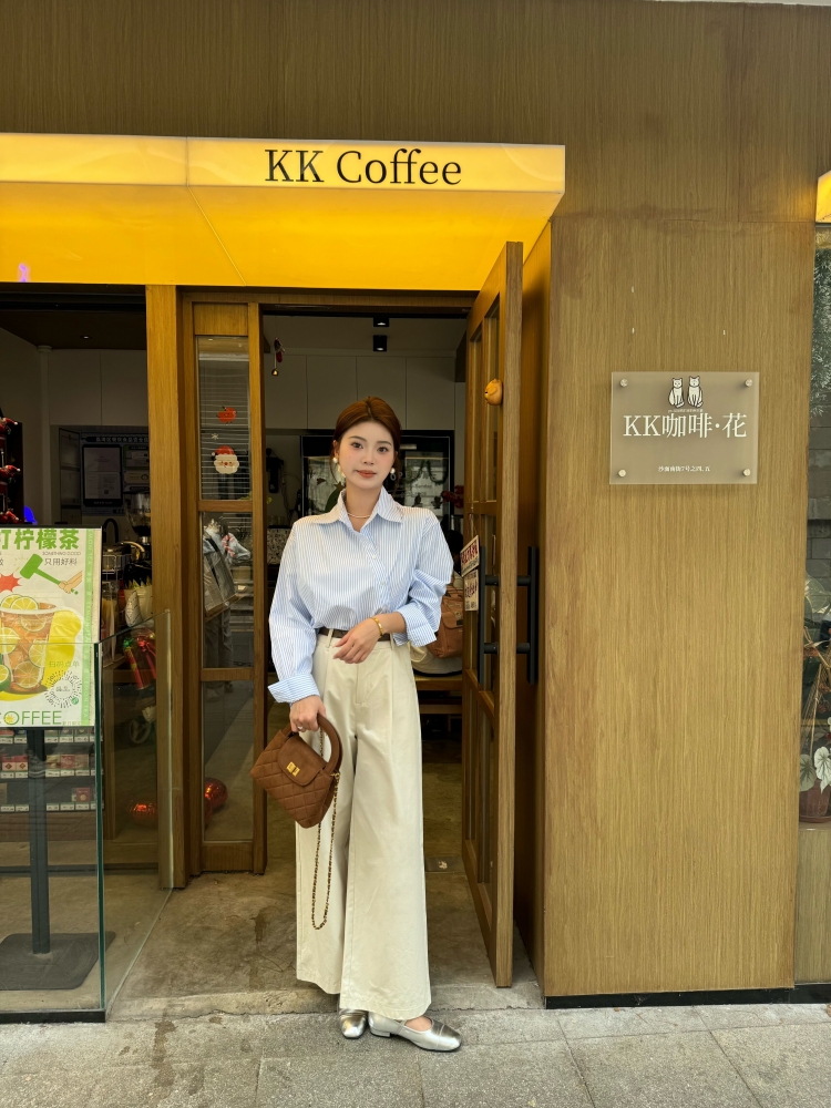 【自由时光】杏色棉质休闲裤女高腰垂感宽松直筒阔腿裤气质长裤