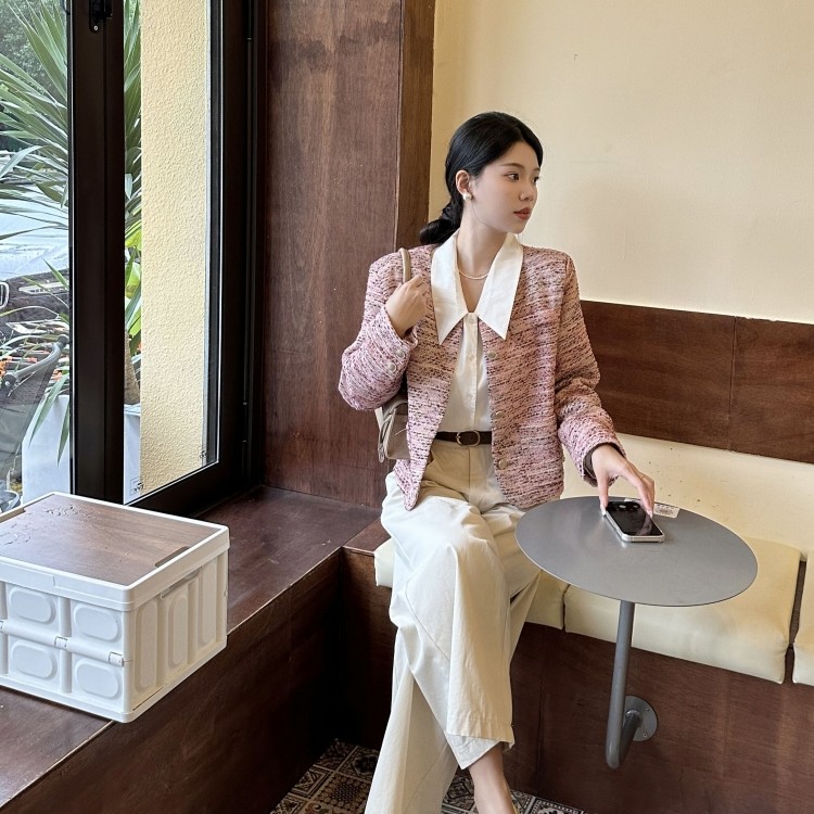 秋季新款韩版气质粉色小香风外套女法式复古粗花呢短款上衣