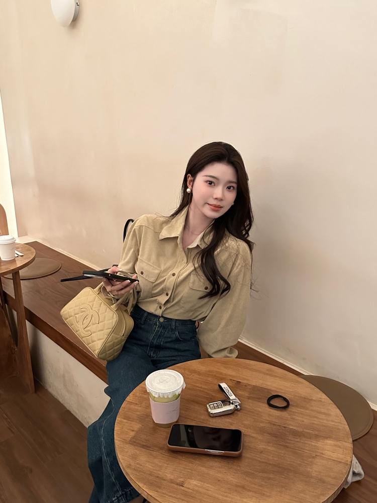 【黄昏如棠】美式休闲百搭灯芯绒衬衫女大口袋polo领长袖上衣