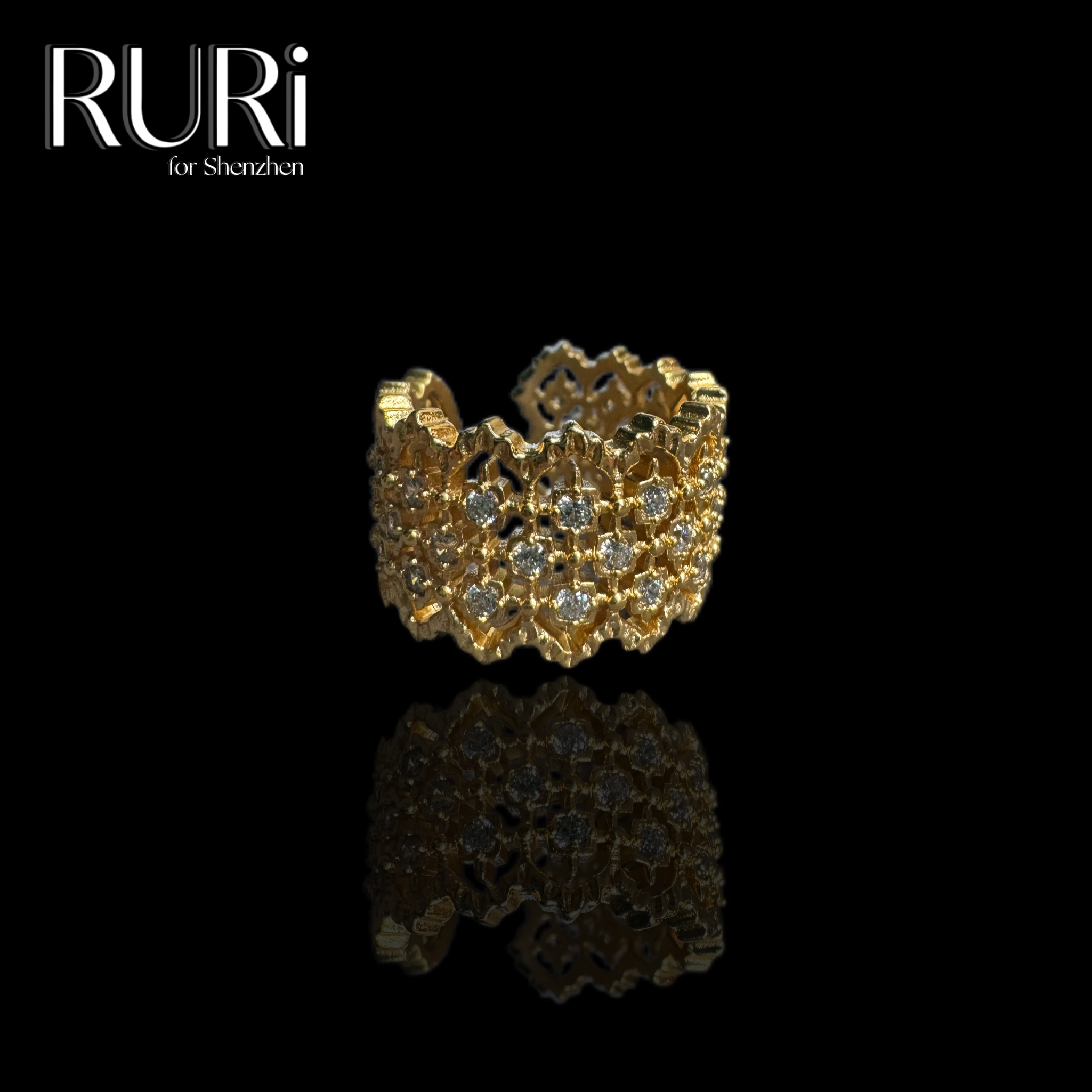 铜合金水晶戒指 欧式高定设计师款满镶镀金开口戒 A2171