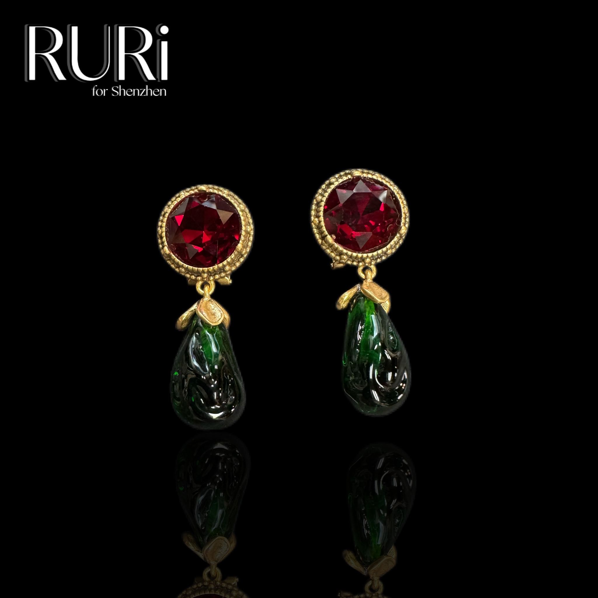 铜合金琉璃耳饰 【J 系列】时尚轻奢设计师红绿水滴琉璃扫肩A2791