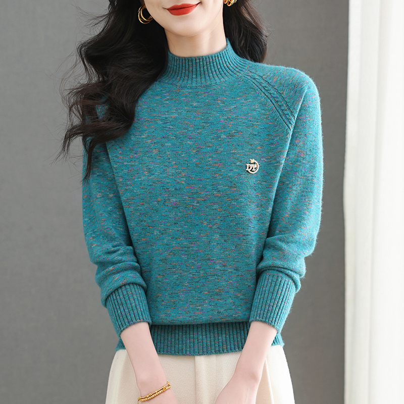 2024冬季新款女士长袖半高领加厚花纱羊毛衫时尚洋气百搭显瘦毛衣