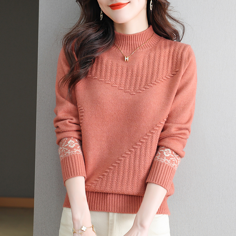 2023年秋冬新款女士半高领女提花加厚打底羊毛衫女装洋气宽松长袖