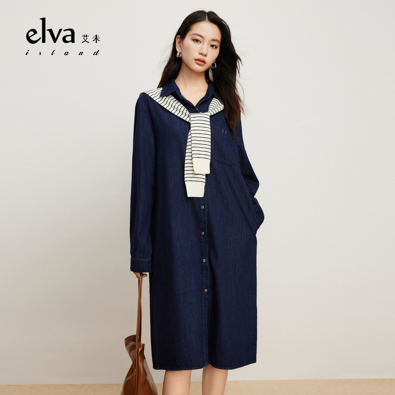 【商品】Elva’Island秋季牛仔蓝牛仔连衣裙