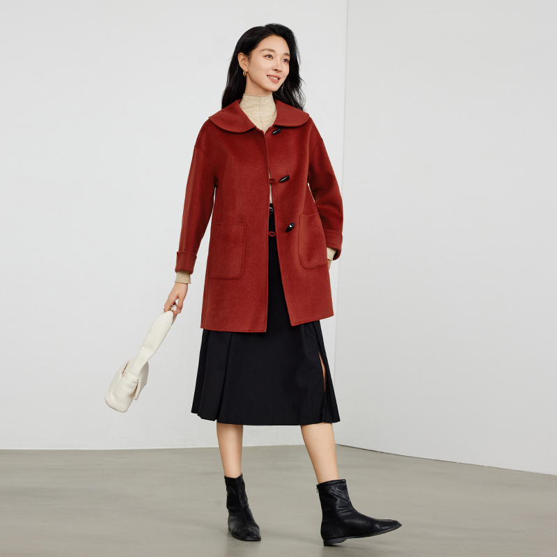 Elva' Island秋冬娃娃领100%羊毛双面毛呢大衣外套女