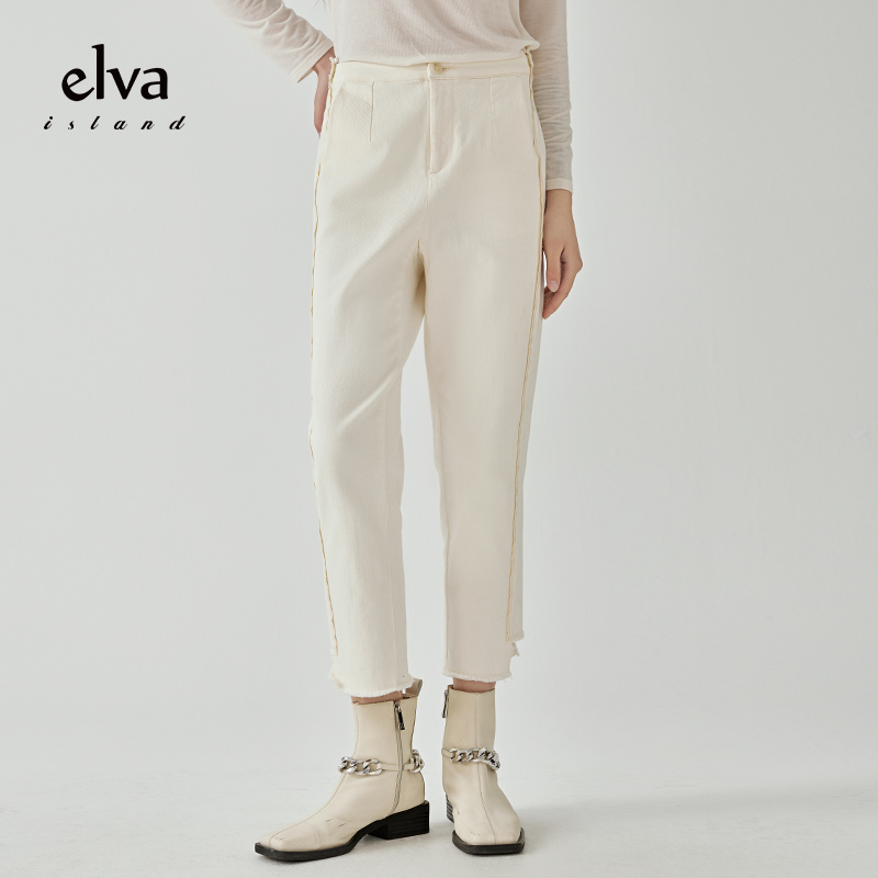 【粉丝专享】Elva' Island高腰毛边牛仔裤女春秋宽松直筒