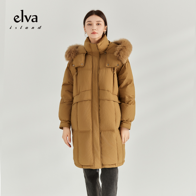 【九月专属】Elva' Island大毛领连帽羽绒服冬加厚中长款白鸭绒外套