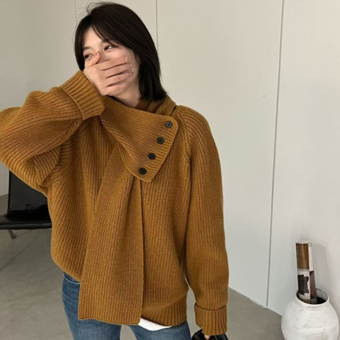 设计款可拆卸 洋气带披肩围脖 韩系V领显瘦宽松软糯针织毛衣女厚