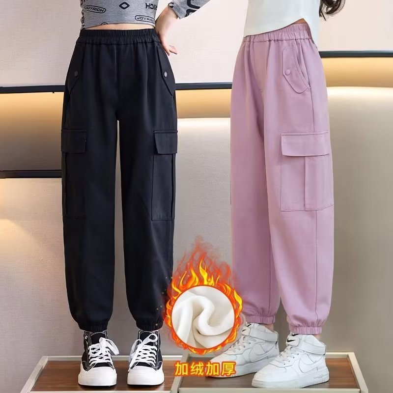 秋冬新款儿童裤子秋季女童一体加绒工装裤秋冬运动裤女孩秋装长裤
