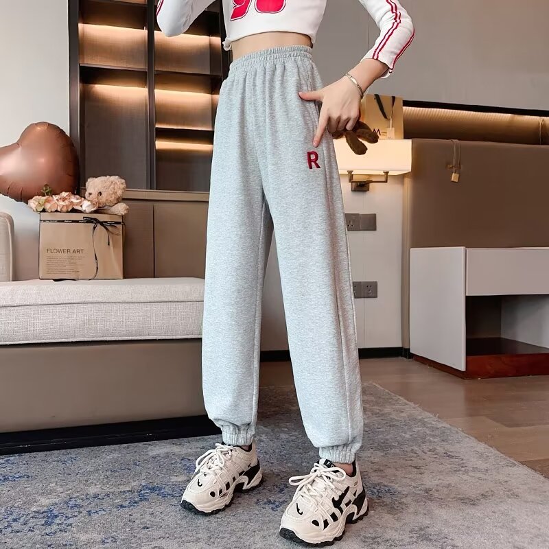 女童秋季一体加绒运动裤新款裤子女大童休闲裤春秋儿童潮牌束脚裤