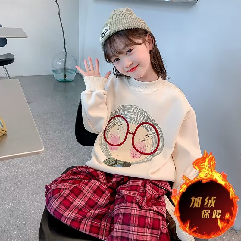 女童冬装一体加绒卫衣新款洋气儿童秋冬款小女孩冬季圆领打底上衣
