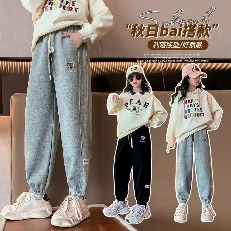 女童秋冬新款束脚运动裤宽松洋气外穿春秋冬加绒系带中大童休闲裤