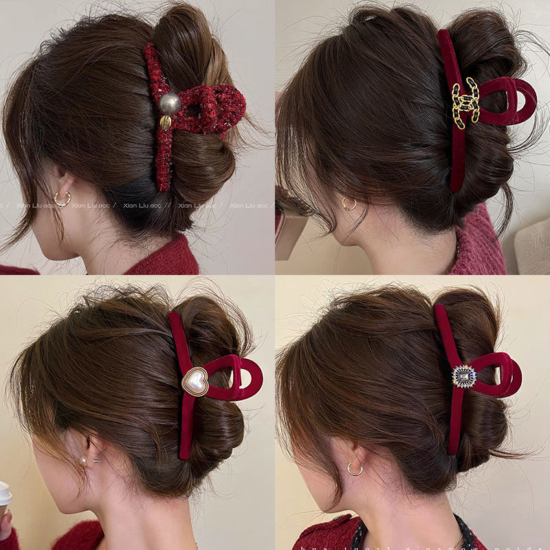 新年红色秋冬13cm大抓夹女过年鲨鱼夹发抓高级后脑勺发夹优雅头饰