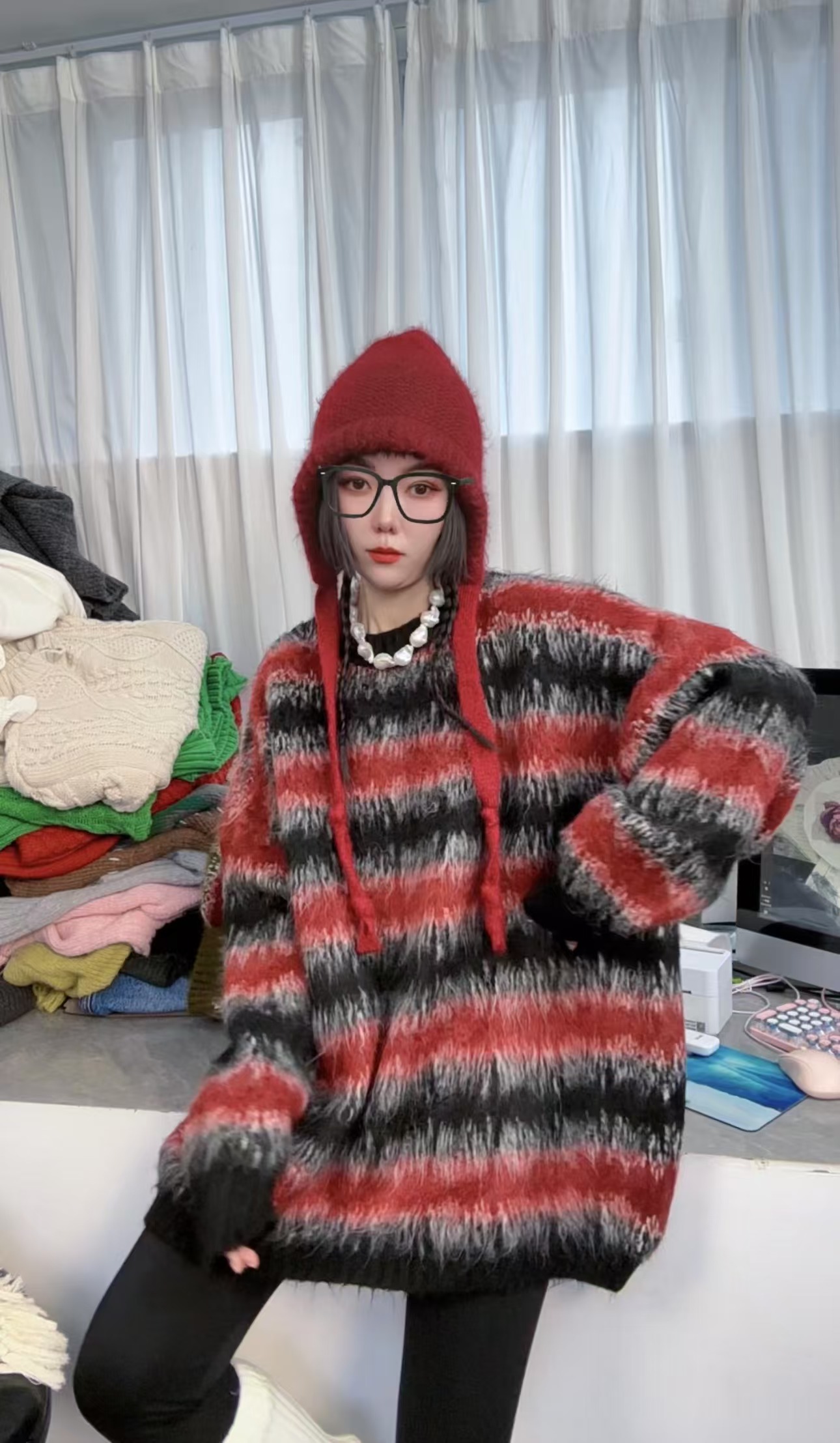 2025年秋冬新品网红时尚潮流单品条纹拼色拉毛宽松慵懒风毛衣