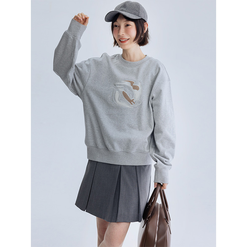 DotDrobe/多着龙纹绣花 纯棉圆领卫衣女早春宽松-花灰色/奶白色