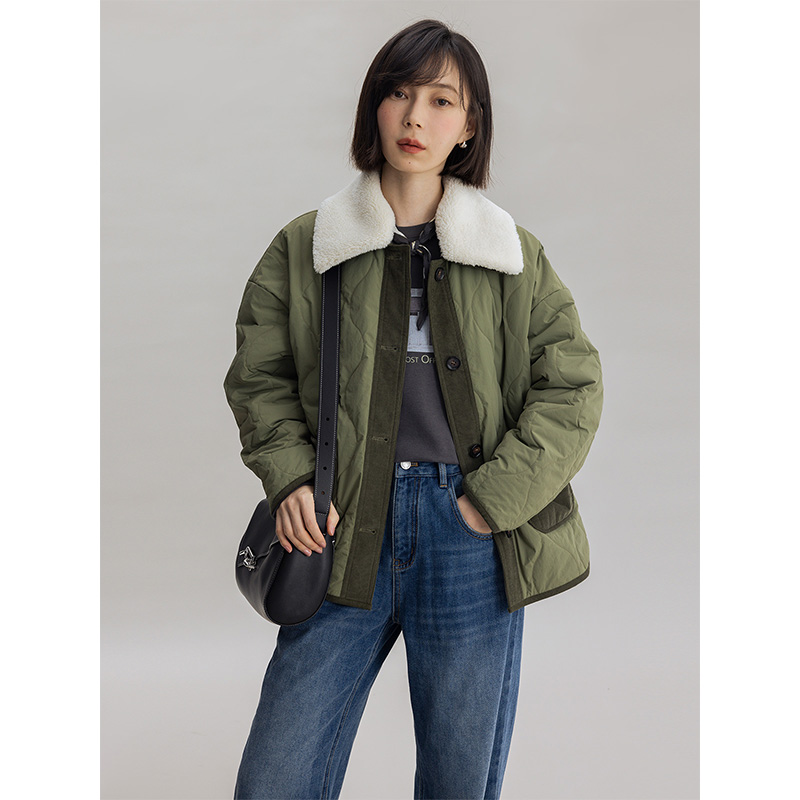 DotDrobe/多着3M新雪丽棉 可拆卸毛领葫芦纹撞色短款棉服女-军绿