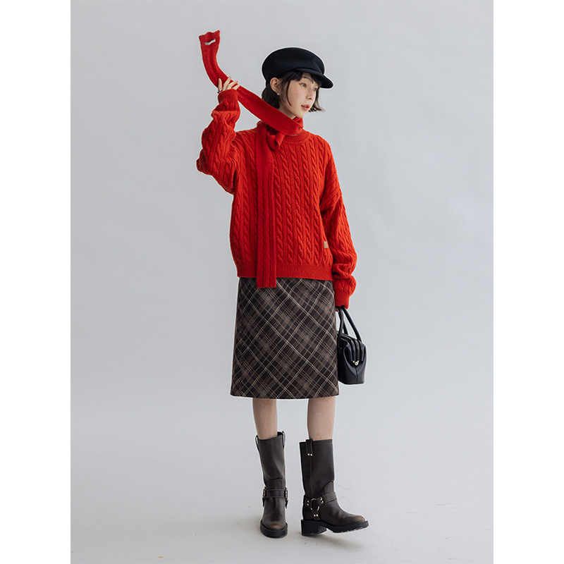 DotDrobe/多着静奢老钱风羊毛皮标麻花针织衫女-藏青/米白/红色