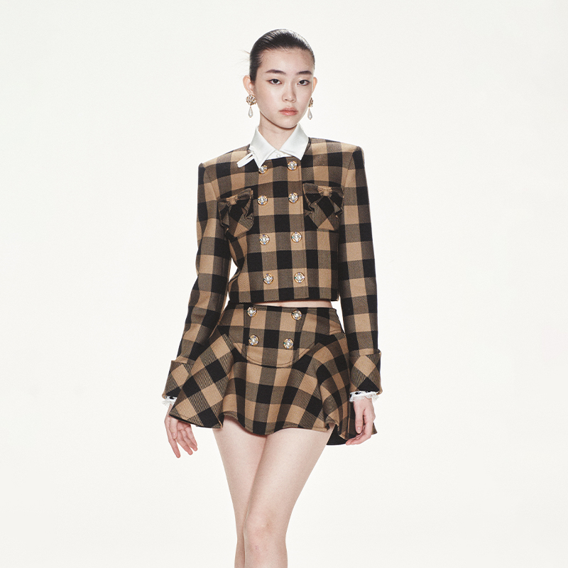【大橘专属】LE FAME/拉飞姆学院风棕色格纹双排珍珠扣外套