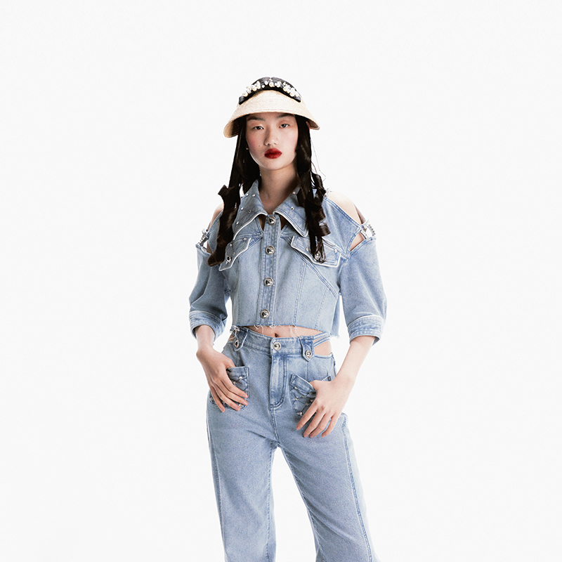 LE FAME/拉飞姆夏季新款时尚七分袖镂空短款牛仔外套