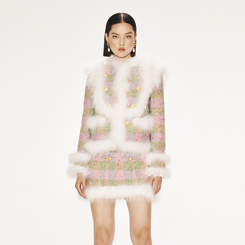 【嘉尔专属】LE FAME/拉飞姆蕾丝花边短款格纹外套C124