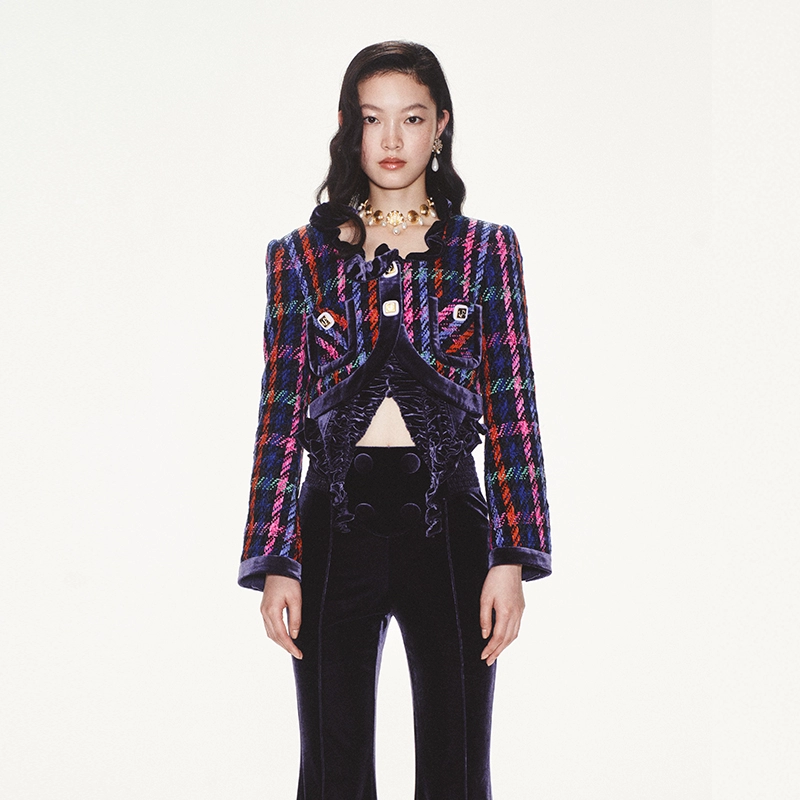 【陈大可专属】LE FAME/拉飞姆修身荷叶边大U领紫格短款外套C075