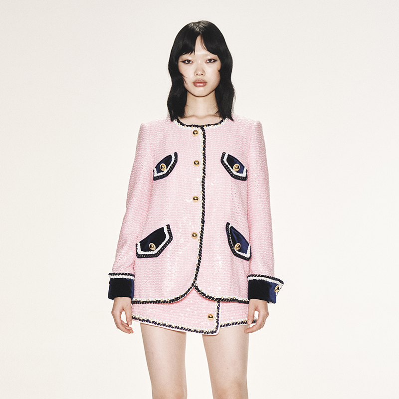 【不售卖】LE FAME/拉飞姆休闲撞色钉织带珠片粉色经典外套