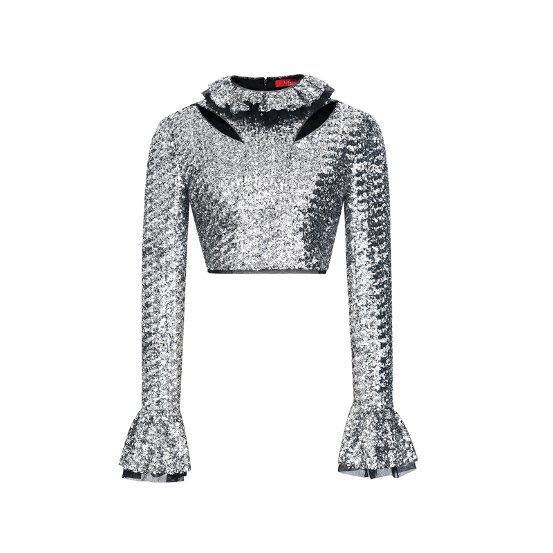 【粉丝专享】LE FAME/拉飞姆银色珠片短款镂空修身上衣S149