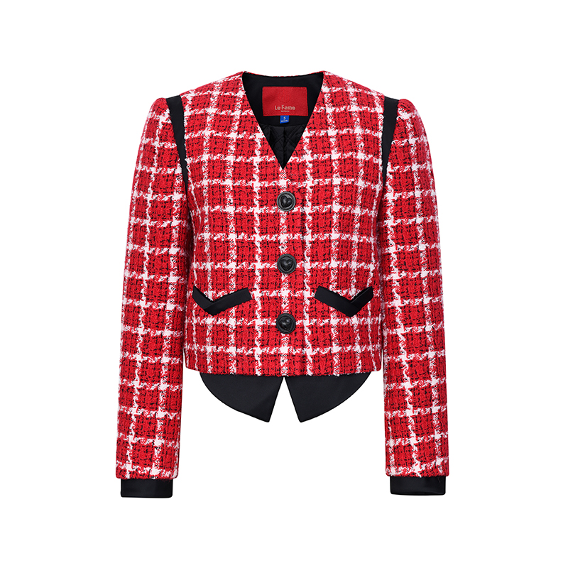 【陈大可专属】LE FAME/拉飞姆复古撞色白红格纹宽松呢外套