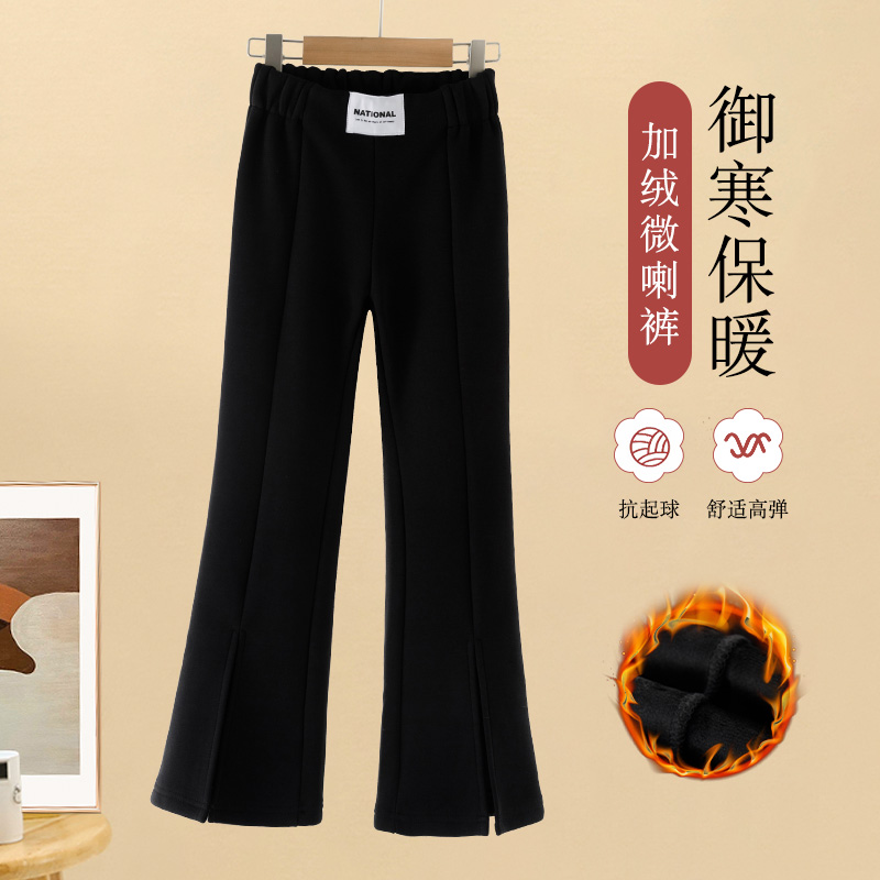 儿童裤子加绒2023新款秋冬韩范女童开叉喇叭裤冬季大童黑色微喇叭