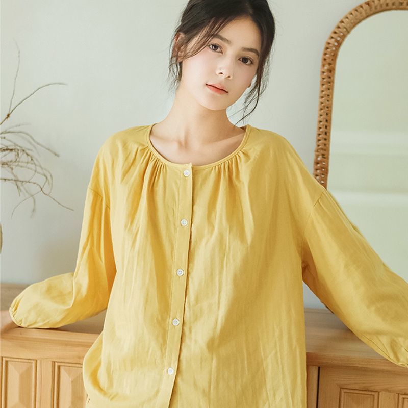 睡衣上衣单件女长袖纯棉纱布睡裤女长裤日系简约休闲可外穿家居服