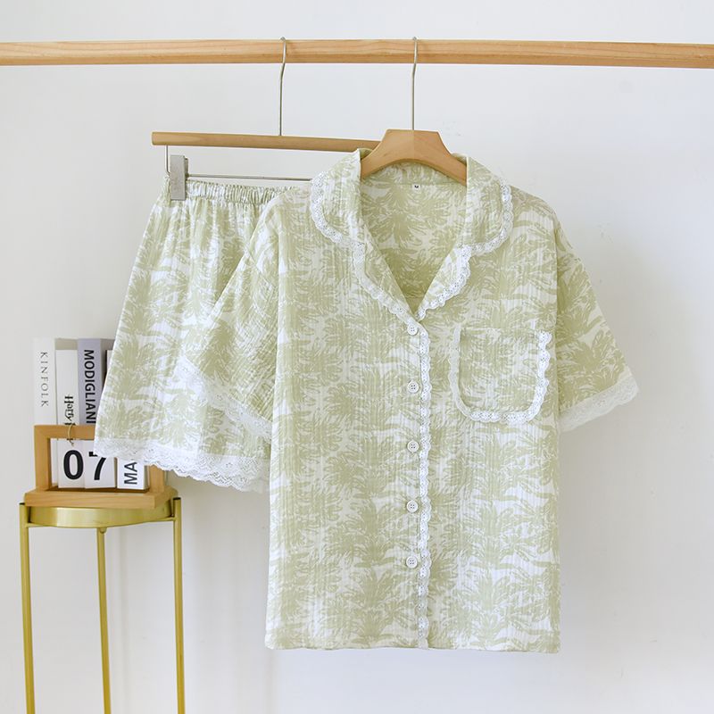 木耳花边翻领睡衣女夏薄款纯棉水洗棉纱布短袖短裤家居服套装外穿
