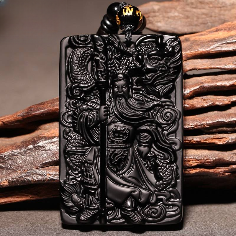 天然黑曜石关公吊坠武财神关羽霸气关二爷大气男款项链挂坠女礼物