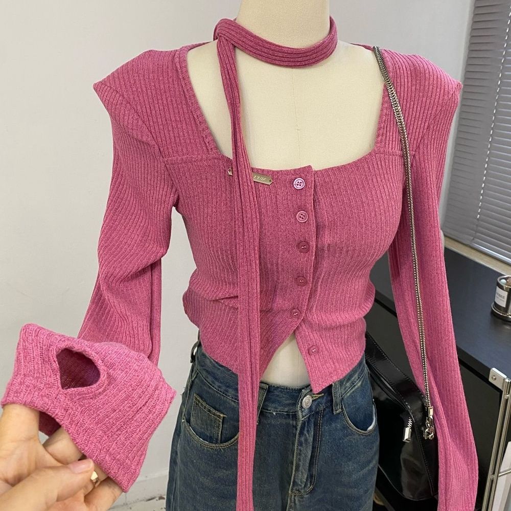 甜辣显身材方领露锁骨修身长袖开衫女秋冬新套手指辣妹短上衣高腰