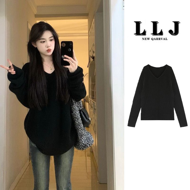 韩版宽松V领黑色毛衣女慵懒风秋季新款高级感套头针织衫外穿上衣