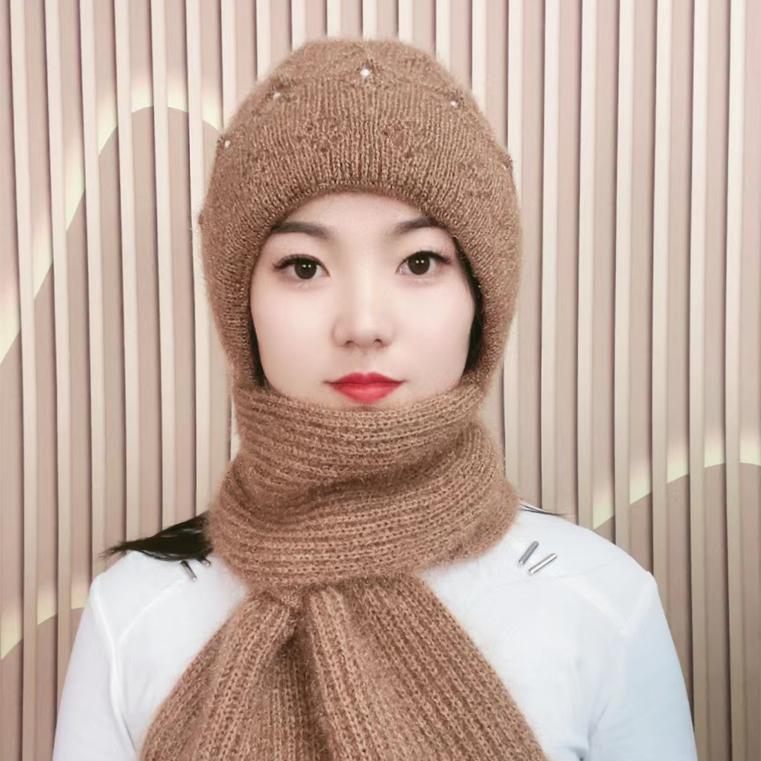 冬季新款加绒钉珠围巾一体帽女士防风防寒风雪帽保暖针织毛线帽子